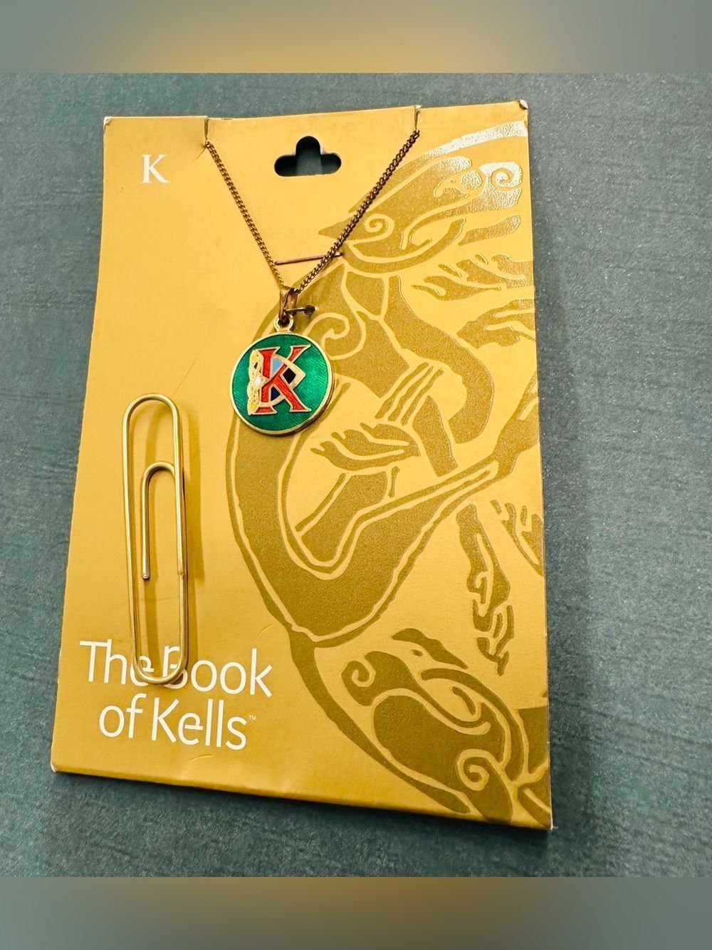 Solvar 18K Gold Plated Green Enamel Book Of Kells Necklace NIP B10
